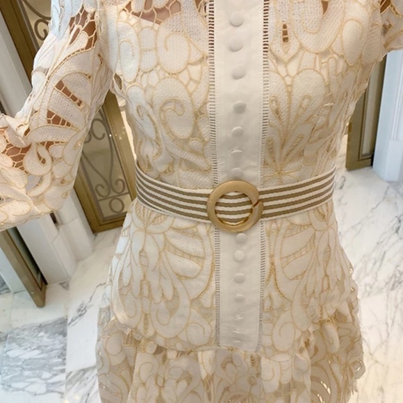 Apricot Lace Lantern Puff Sleeve Dress - Picture 6 of 10